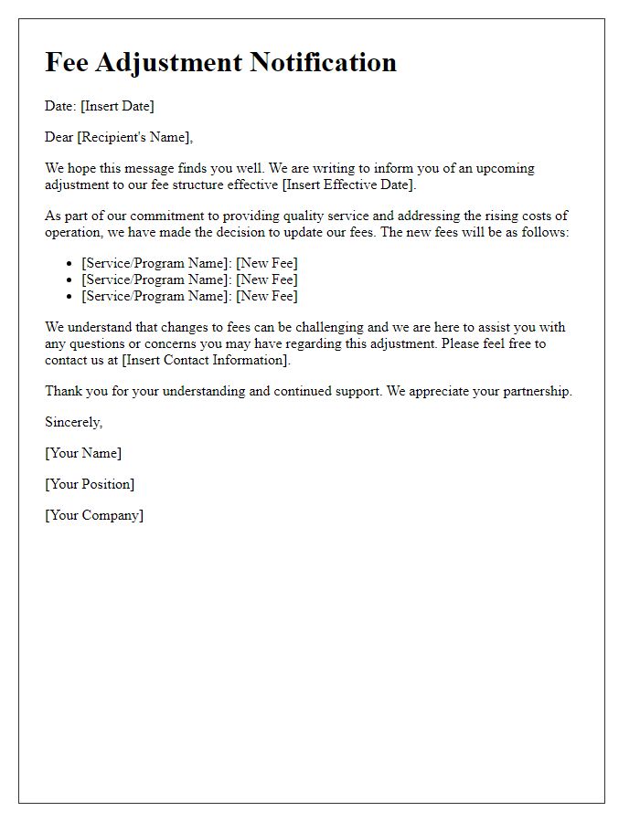 Letter template of fee adjustment communication