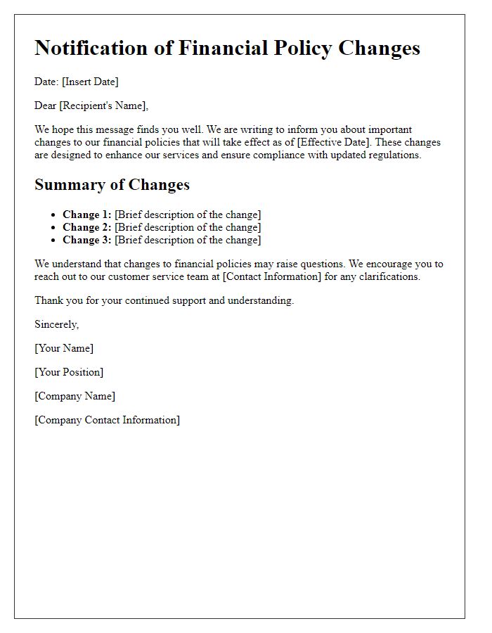 Letter template of financial policy changes