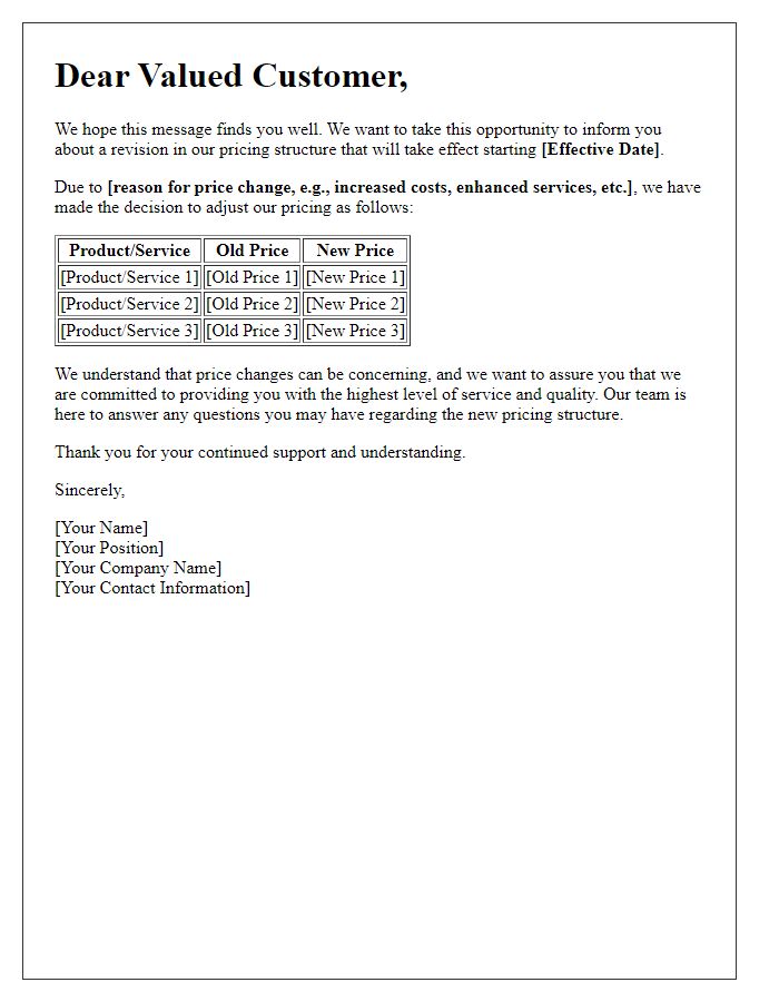 Letter template of revised pricing announcement