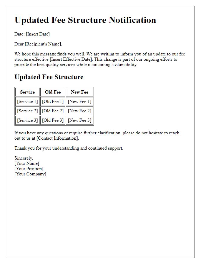 Letter template of updated fee structure notification