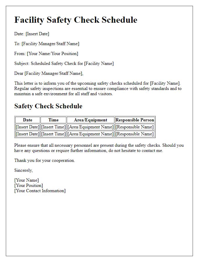 Letter template of facility safety check schedule