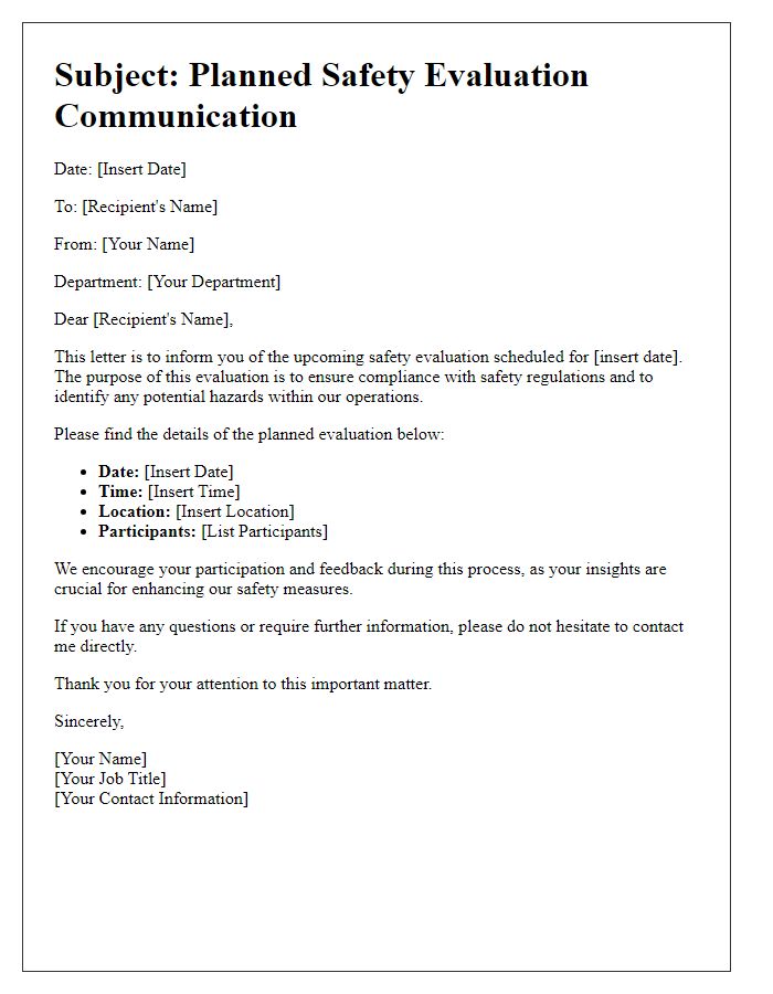 Letter template of planned safety evaluation communication