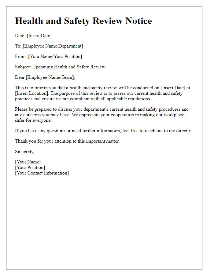 Letter template of upcoming health and safety review notice