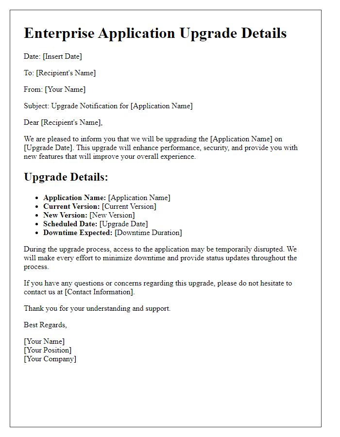 Letter template of enterprise application upgrade details