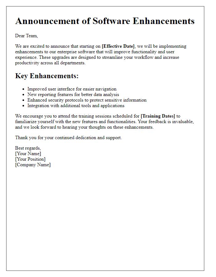 Letter template of enterprise software enhancement announcement