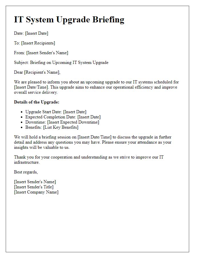 Letter template of IT system upgrade briefing