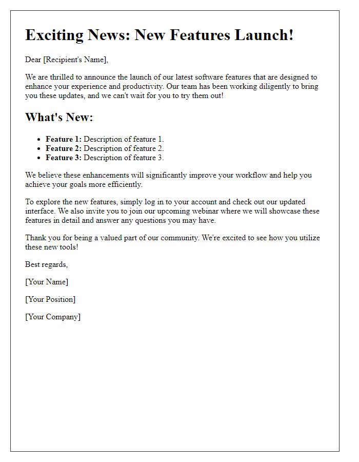Letter template of new software features launch