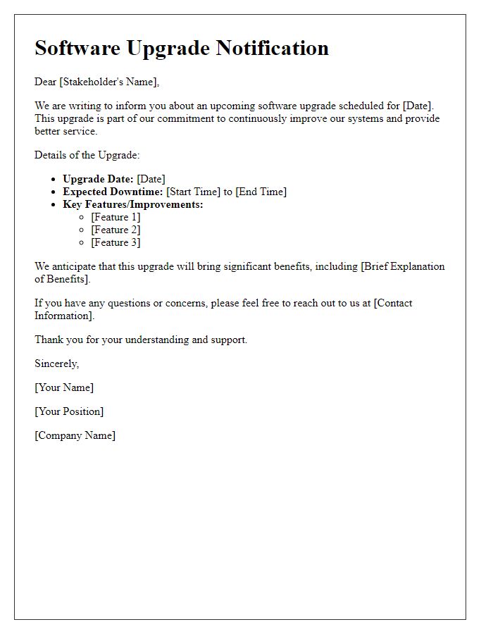 Letter template of software upgrade notification for stakeholders