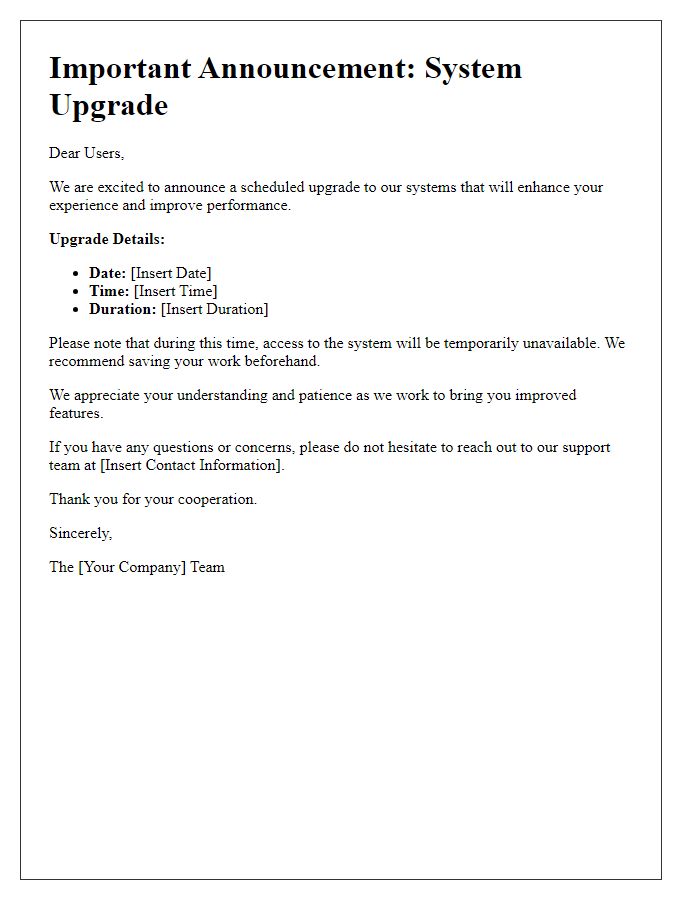 Letter template of system upgrade communication for users