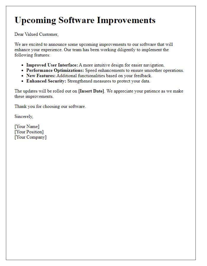 Letter template of upcoming software improvements