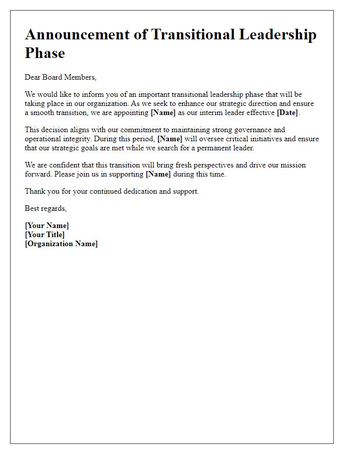 Letter template of announcing transitional leadership phase for board members