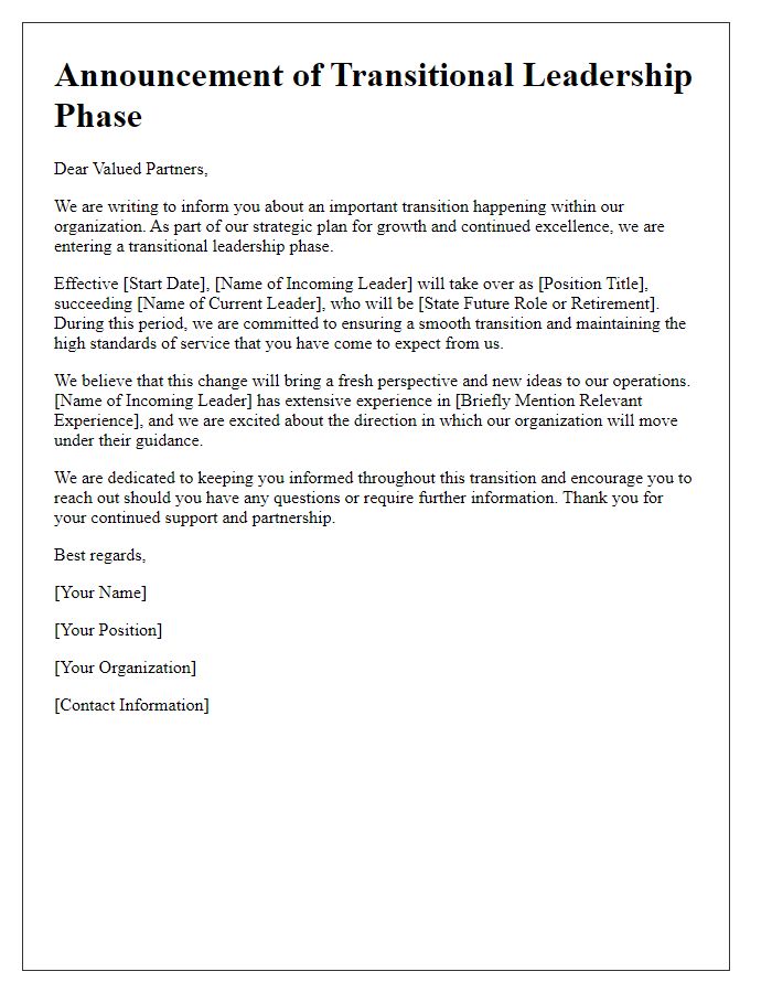 Letter template of announcing transitional leadership phase for external partners