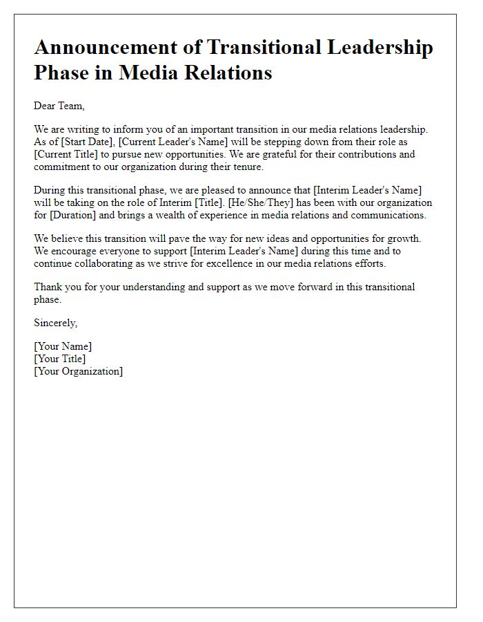 Letter template of announcing transitional leadership phase for media relations