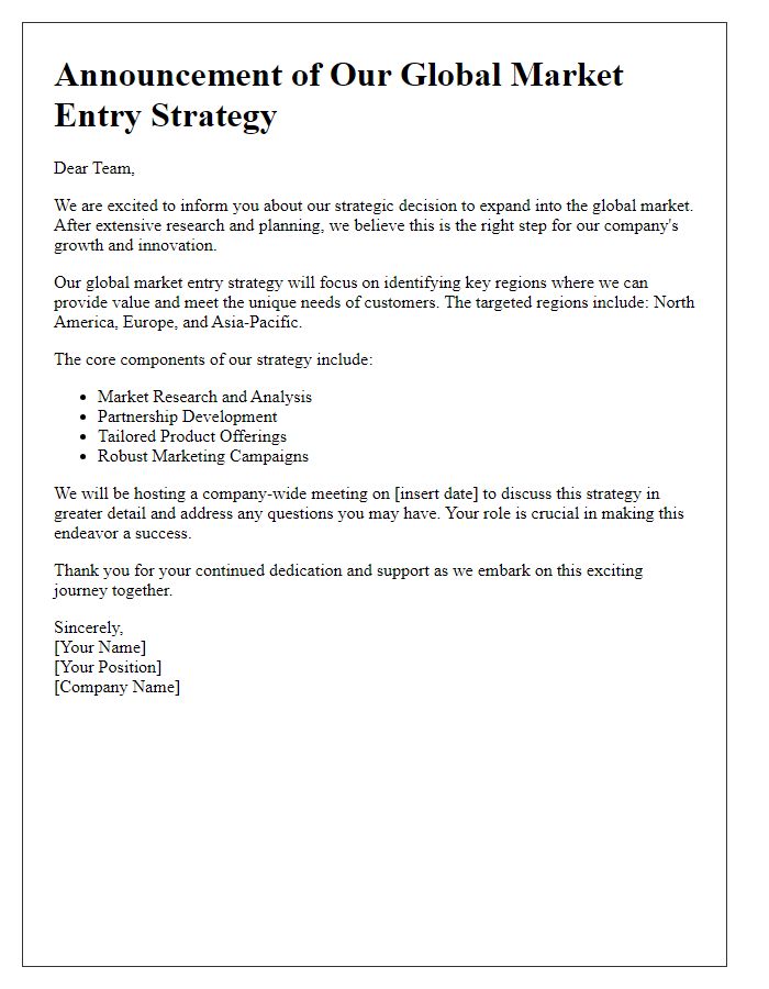 Letter template of announcing our global market entry strategy