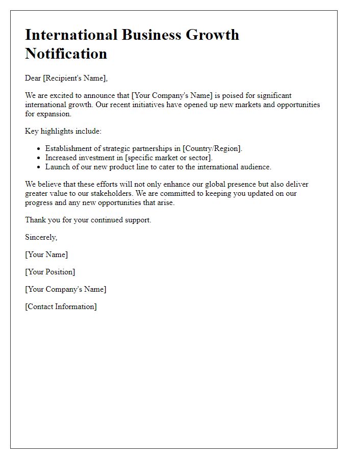 Letter template of communicating international business growth