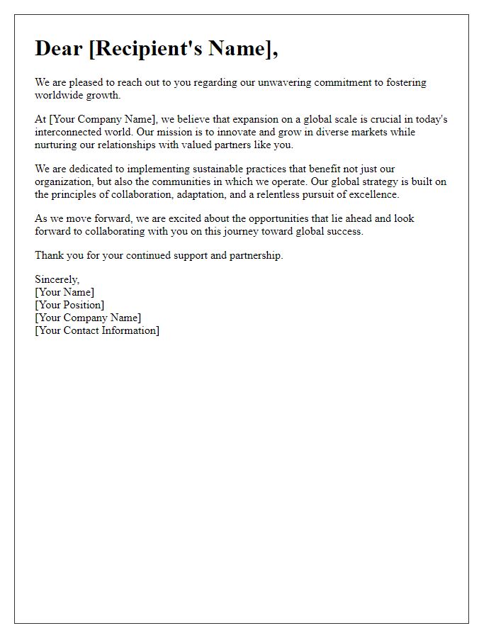 Letter template of expressing our commitment to worldwide growth