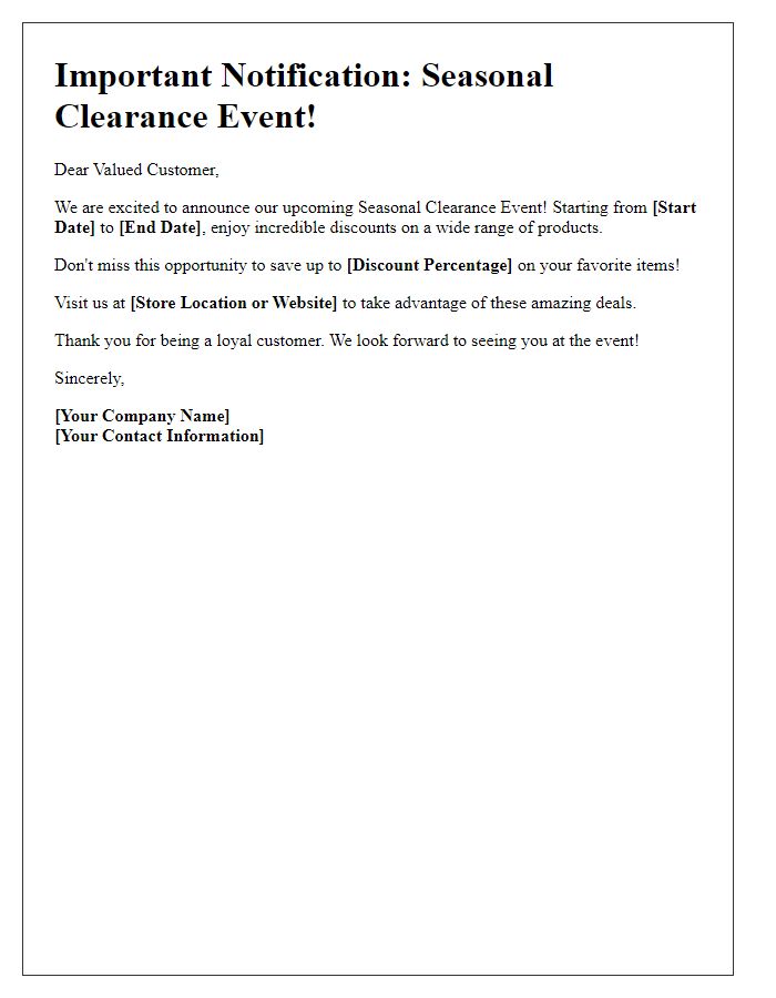 Letter template of important notification for seasonal clearance event