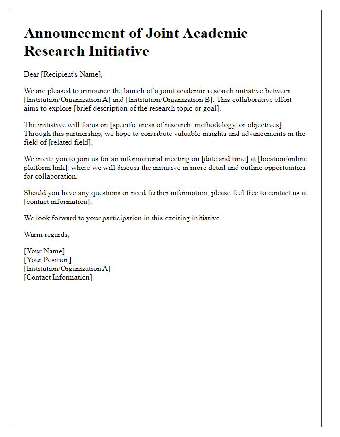 Letter template of announcing joint academic research initiative