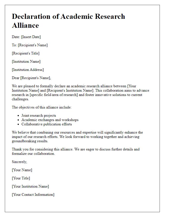 Letter template of declaring academic research alliance