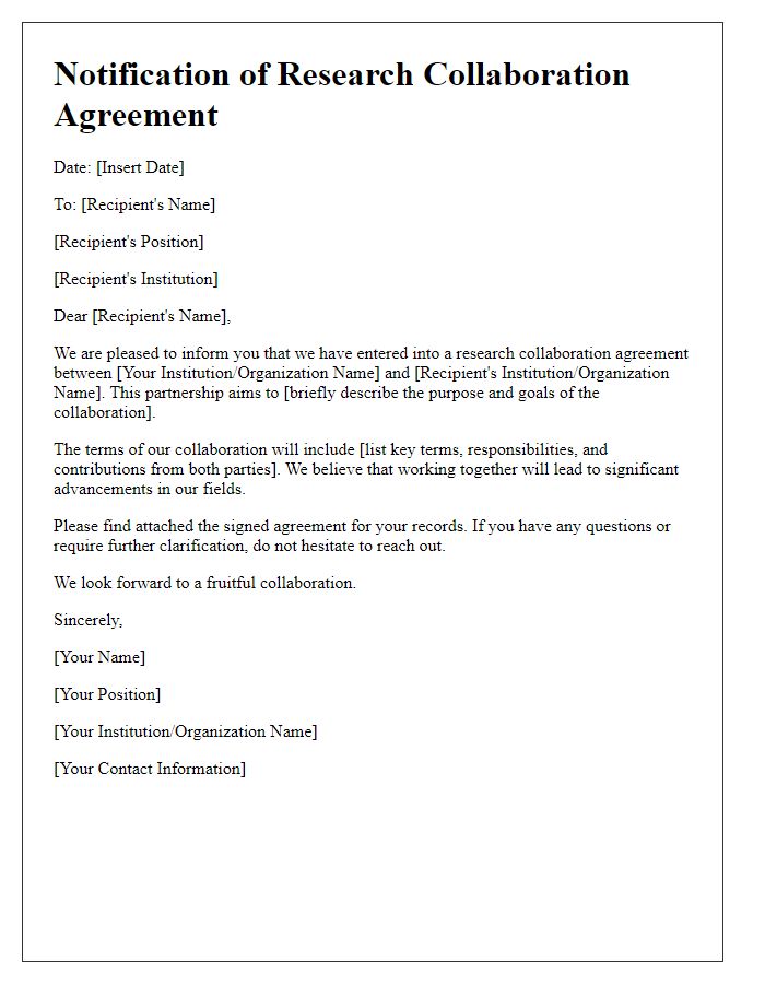 Letter template of notifying about research collaboration agreement