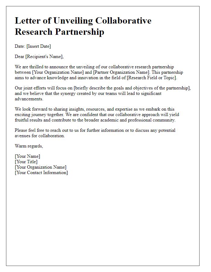 Letter template of unveiling collaborative research partnership