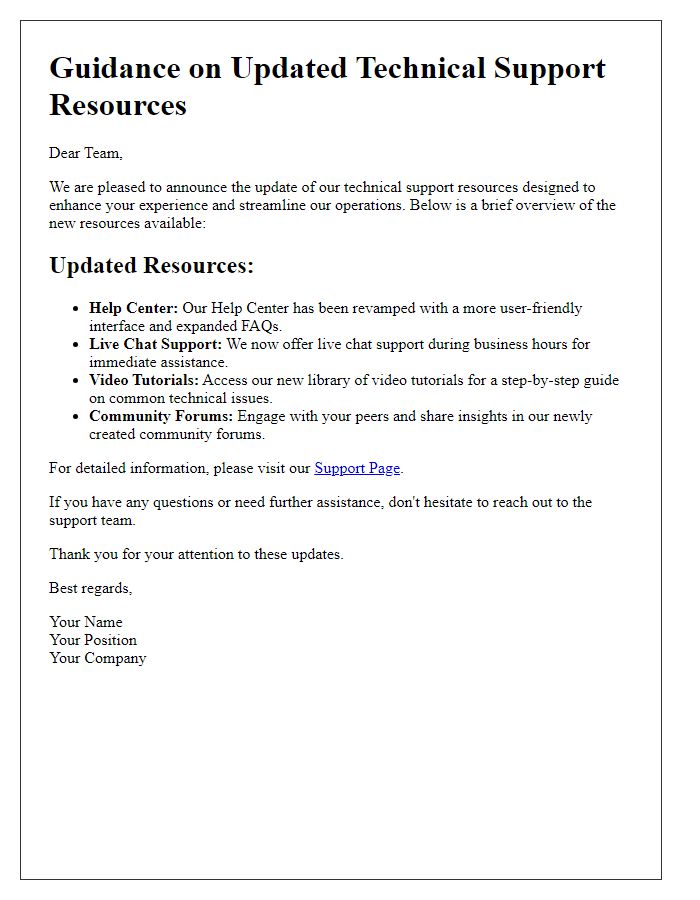 Letter template of guidance on updated technical support resources.