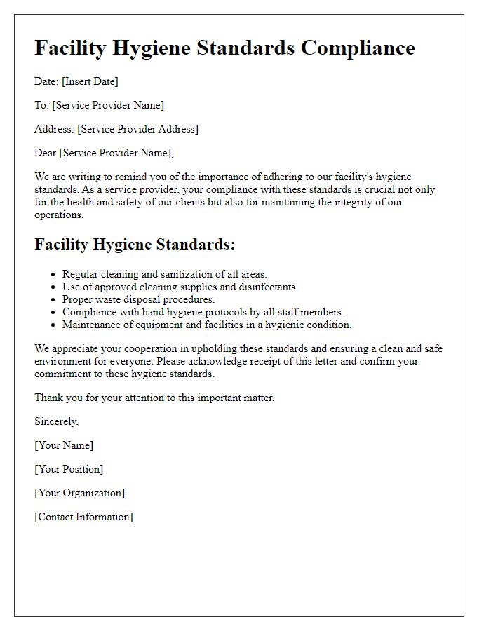 Letter template of facility hygiene standards for service providers.