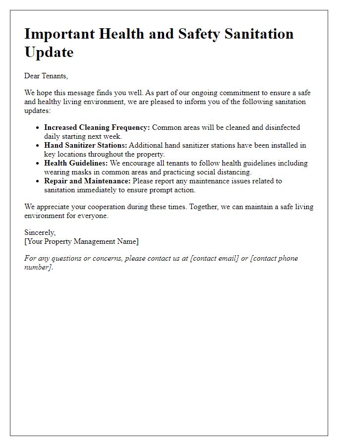 Letter template of health and safety sanitation updates for tenants.