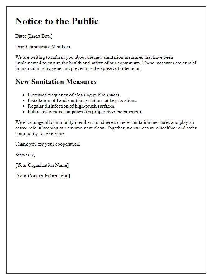 Letter template of new sanitation measures for public awareness.