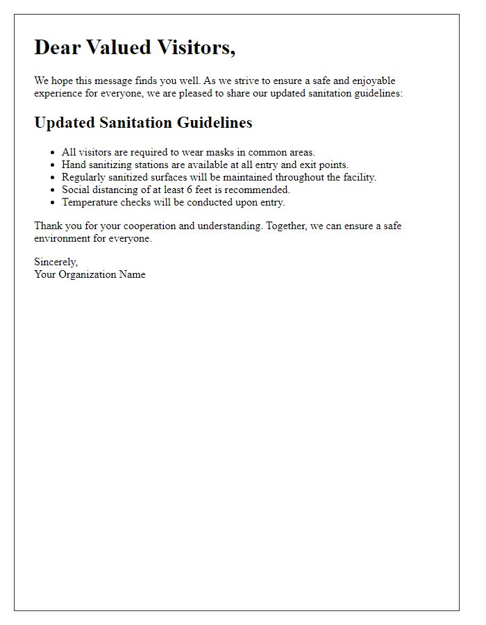 Letter template of updated sanitation guidelines for visitors.