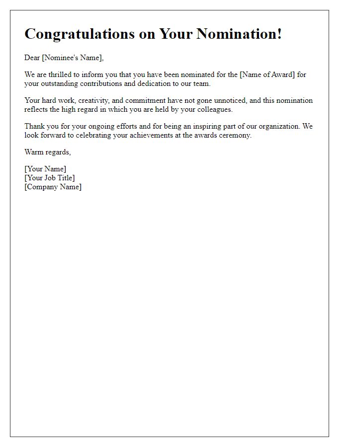 Letter template of appreciation for nominees in employee awards.