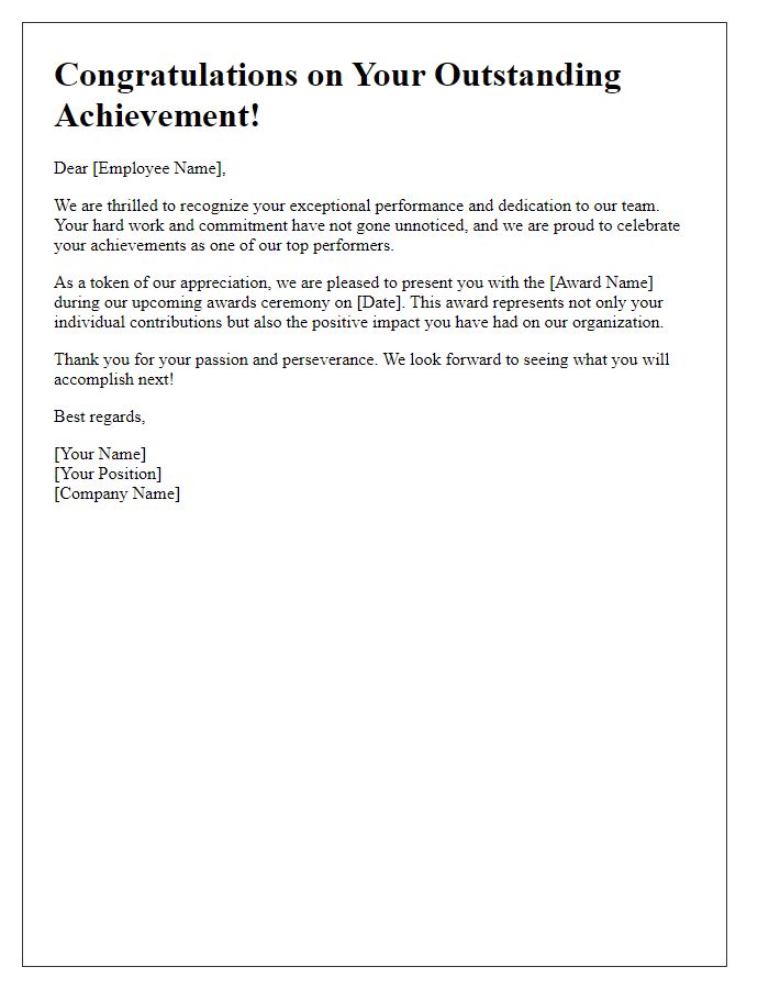 Letter template of celebrating top performers with employee awards.