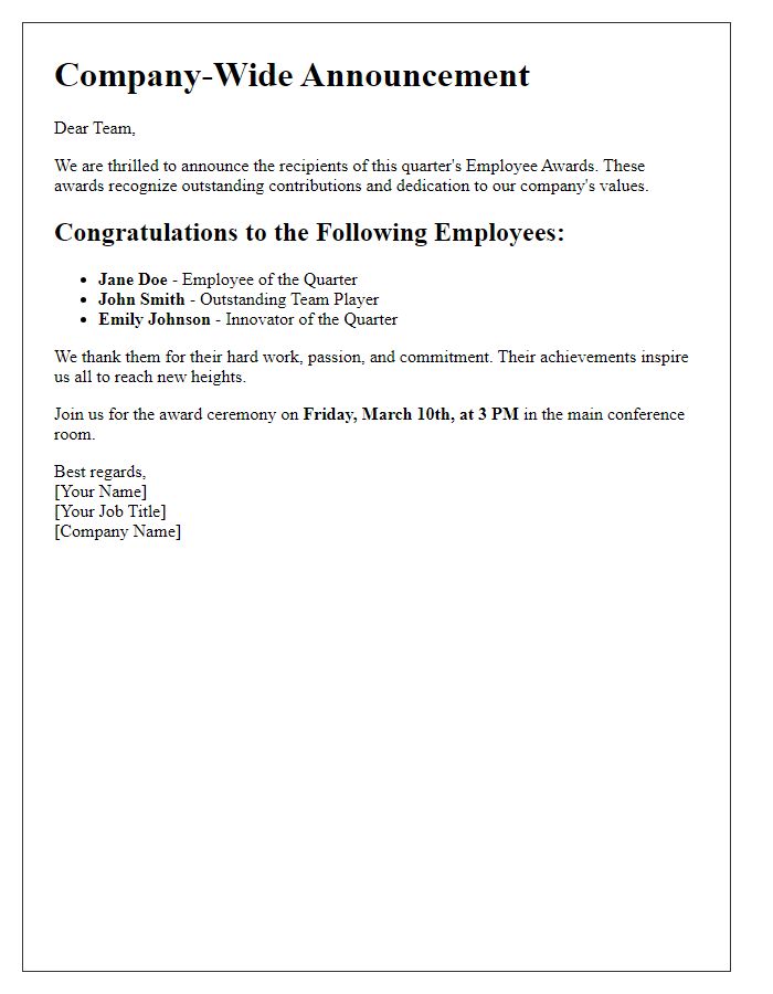 Letter template of company-wide employee award announcement.