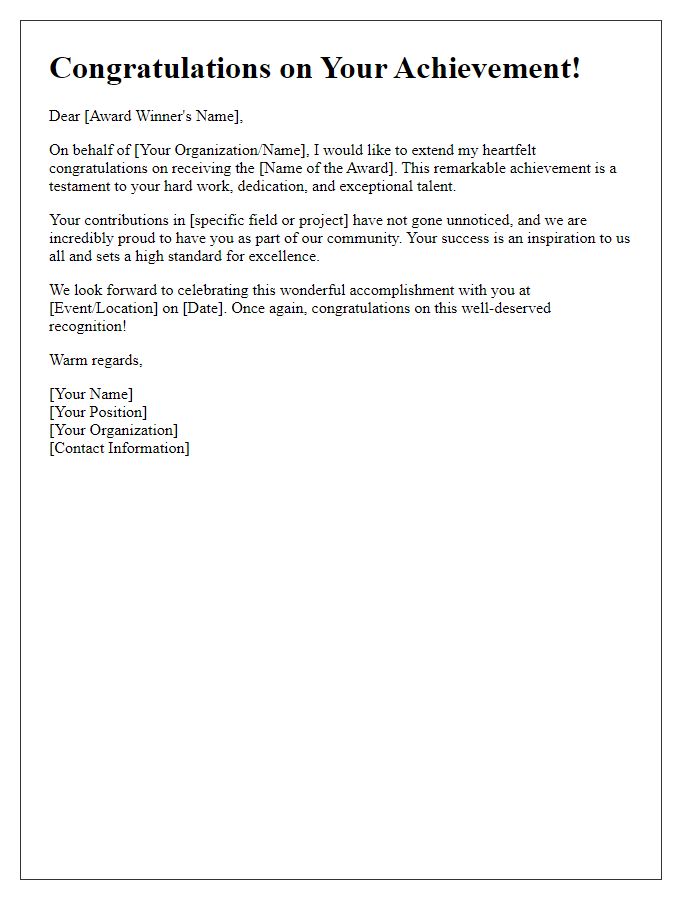 Letter template of congratulatory message for award winners.