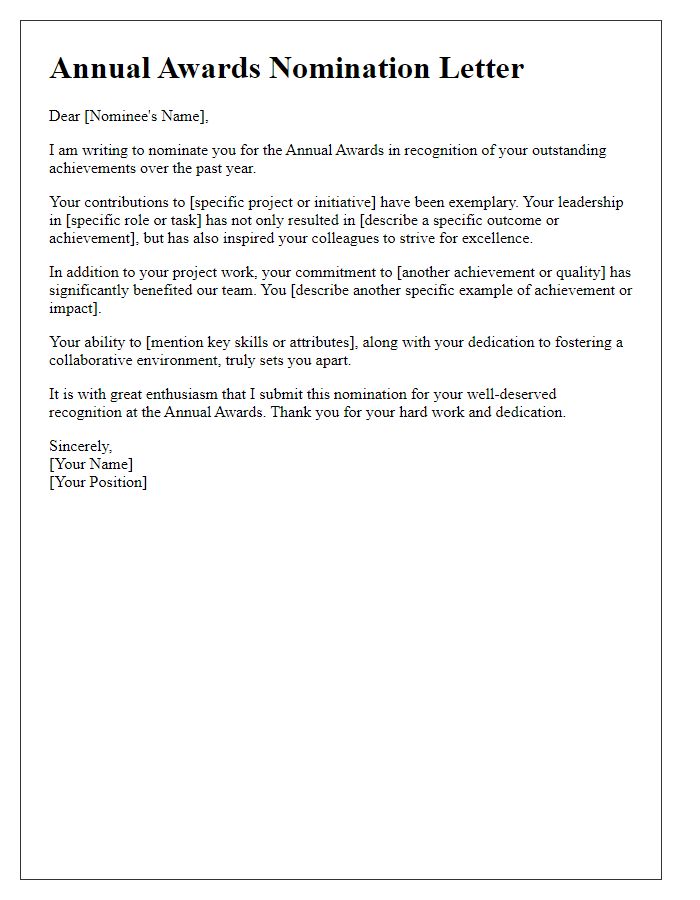 Letter template of highlighting achievements for annual awards.