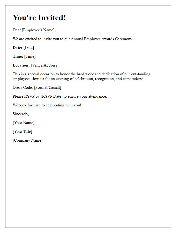 Letter template of invitation to annual employee awards ceremony.