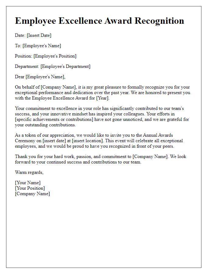 Letter template of recognition for annual employee excellence awards.