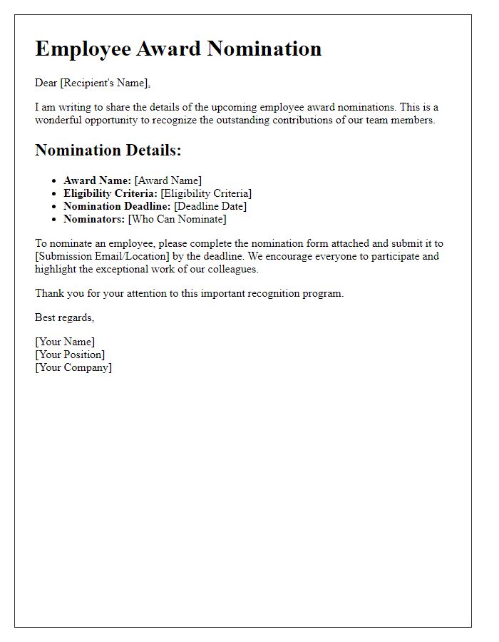 Letter template of sharing details for employee award nominations.