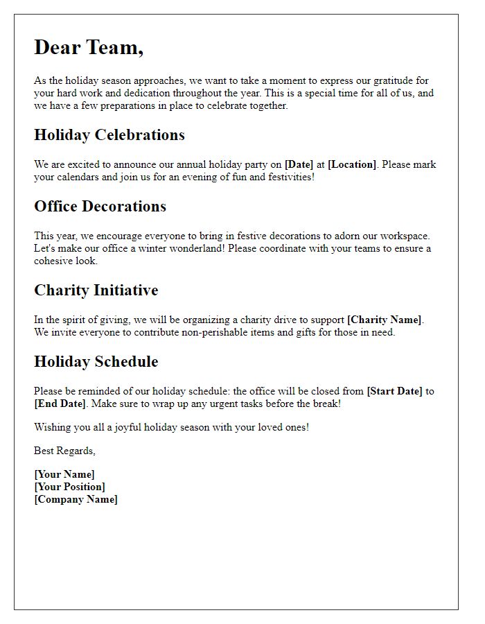 Letter template of holiday season preparations for employees