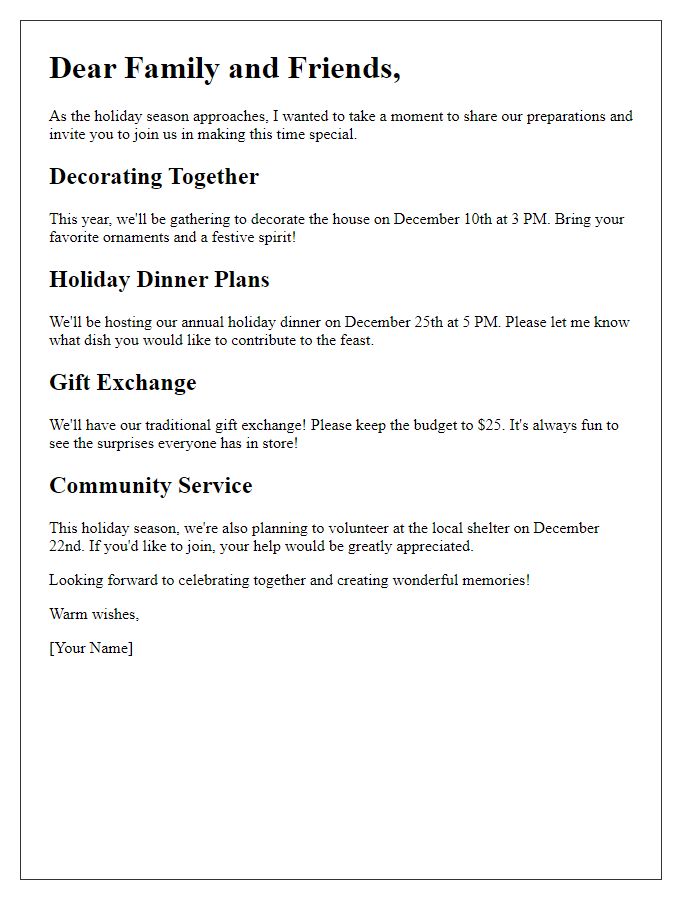 Letter template of holiday season preparations for family and friends