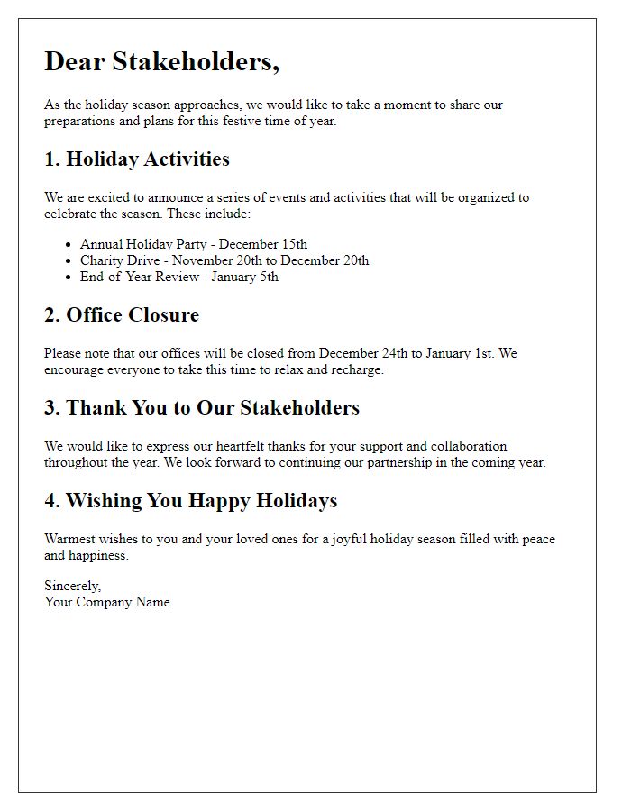 Letter template of holiday season preparations for stakeholders