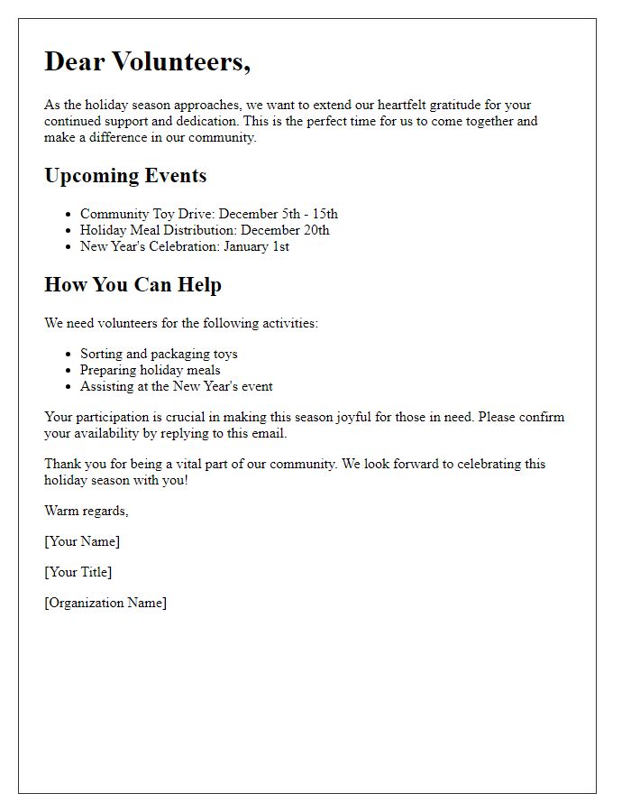 Letter template of holiday season preparations for volunteers