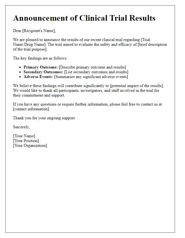 Letter template of announcement for clinical trial results.