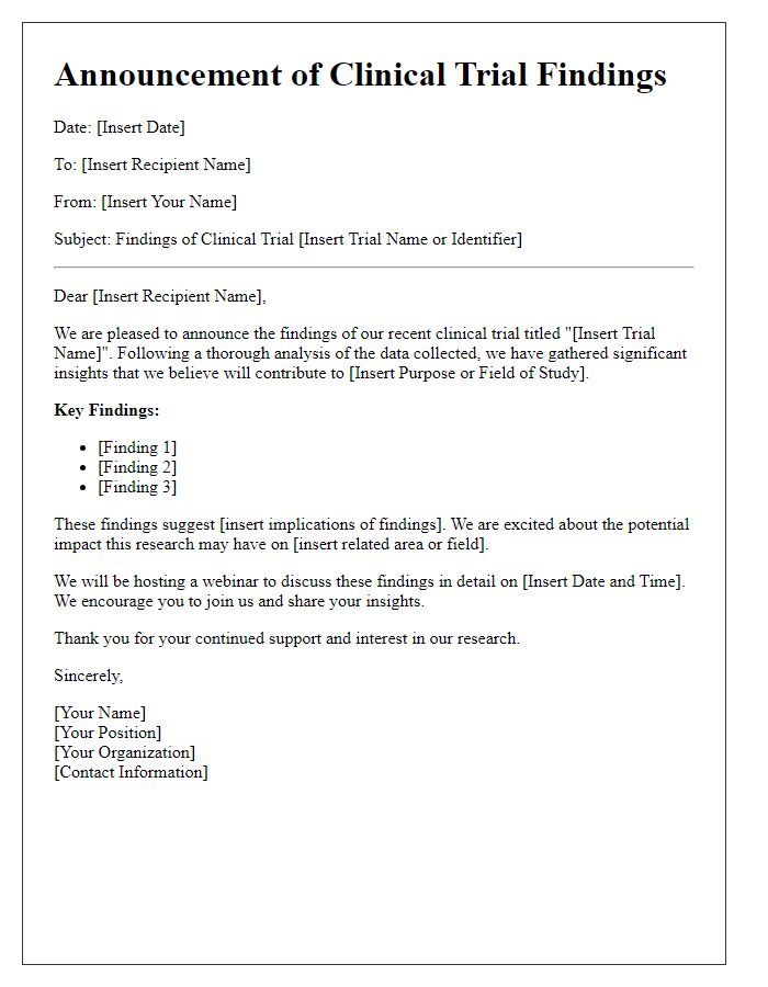 Letter template of clinical trial findings announcement.