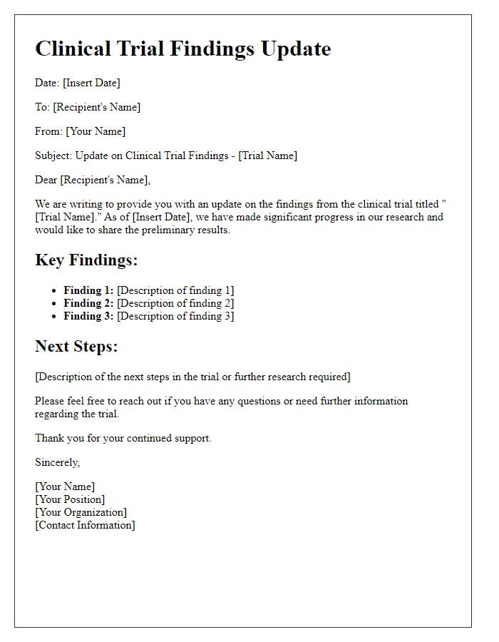 Letter template of findings update from clinical trial.