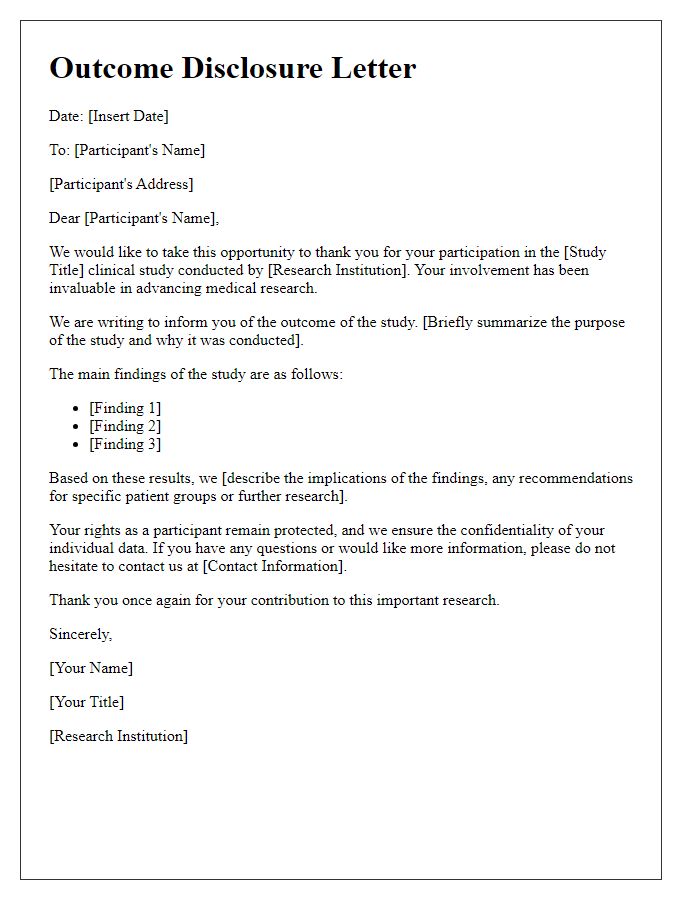 Letter template of outcome disclosure from clinical study.