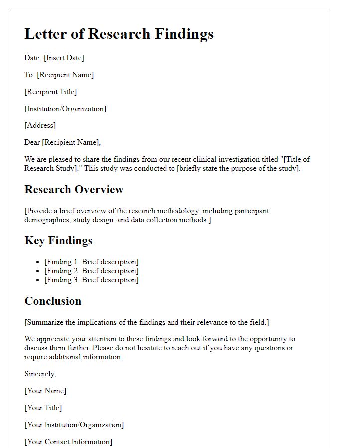 Letter template of research findings from clinical investigation.