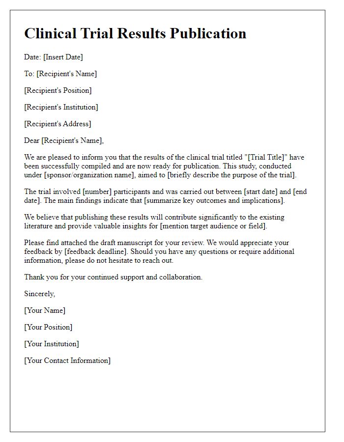 Letter template of results publication for clinical trial.