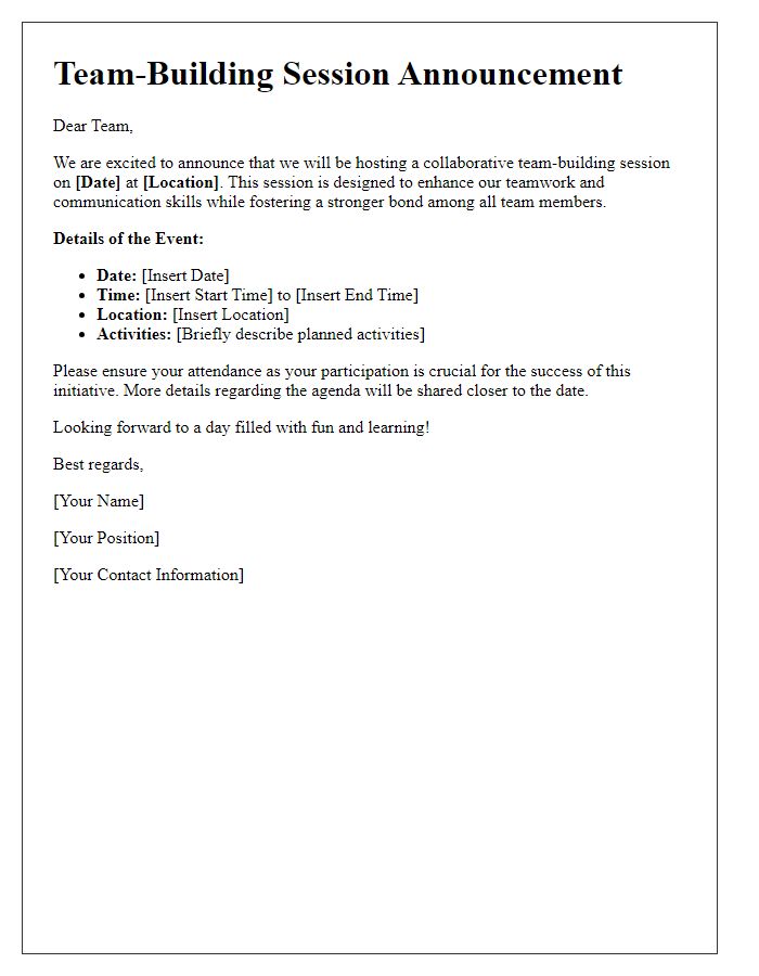 Letter template of collaborative team-building session announcement