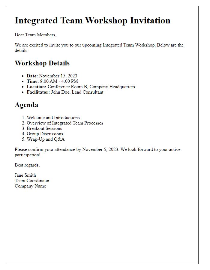 Letter template of integrated team workshop details